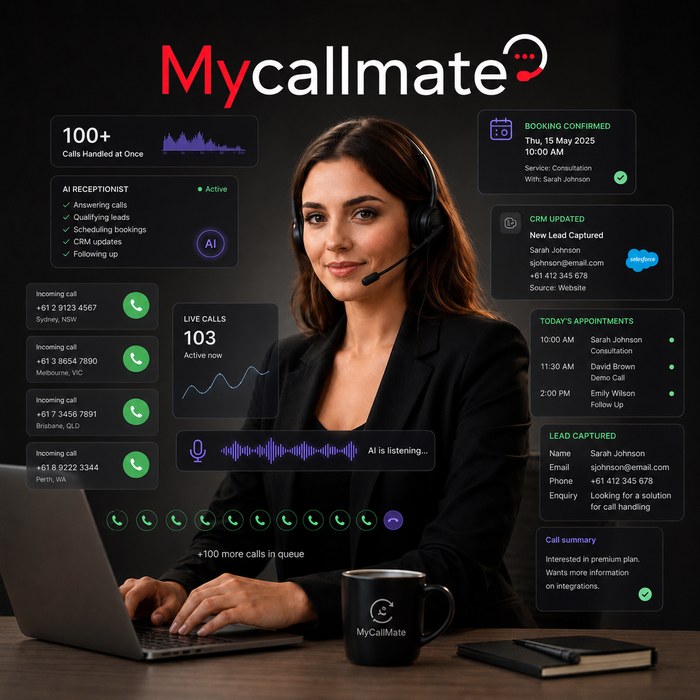 MyCallMate AI receptionist handling live calls, bookings and leads