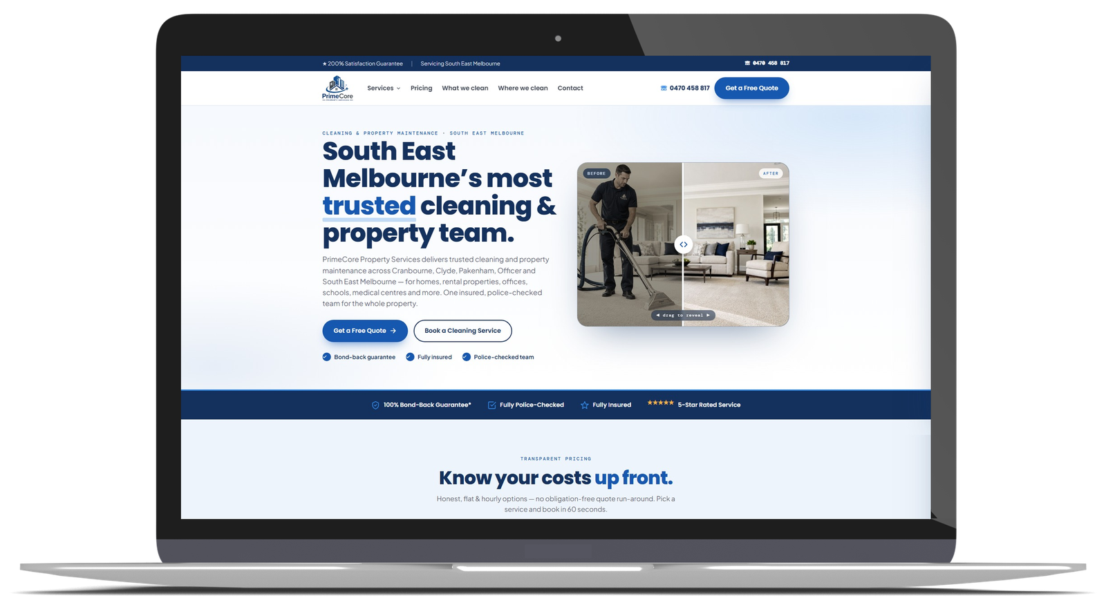 PrimeCore Property Services homepage shown on a laptop screen